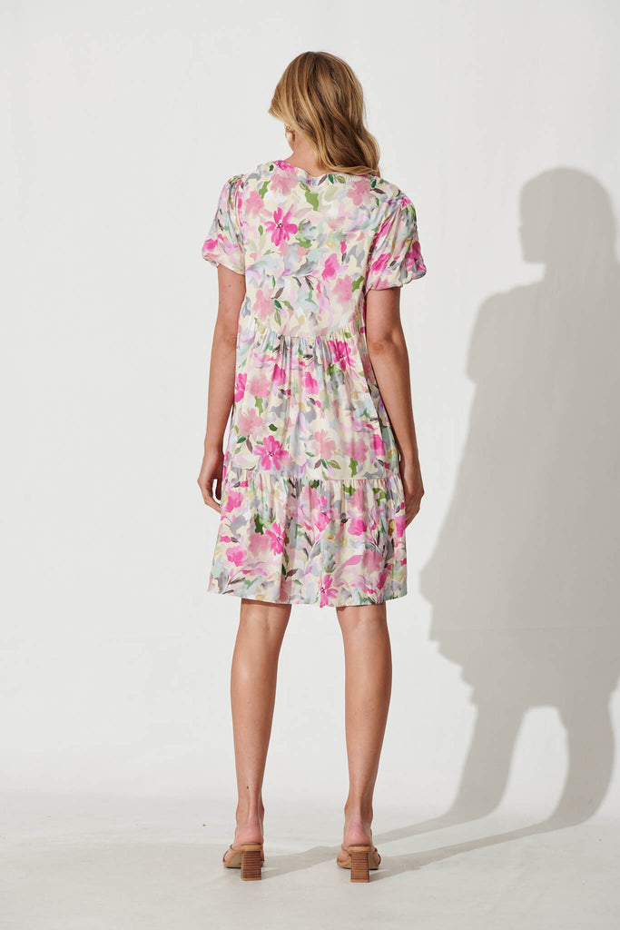 Annie Smock Dress In White With Pink Multi Floral Cotton Blend - back