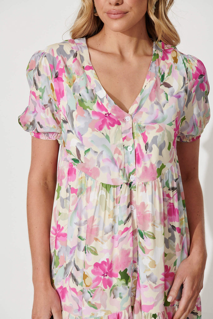 Annie Smock Dress In White With Pink Multi Floral Cotton Blend - detail