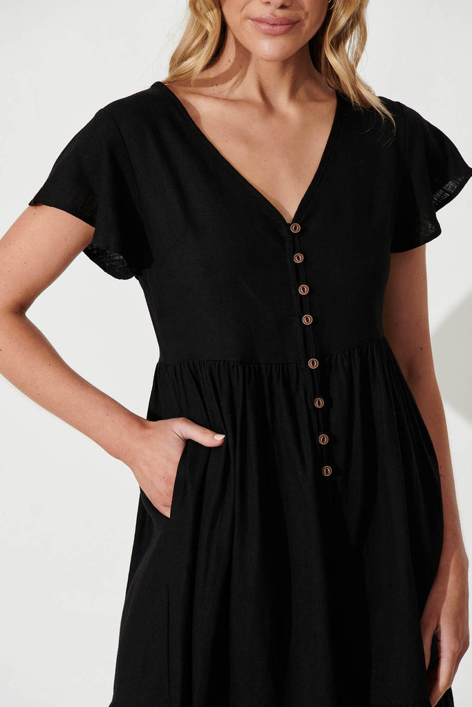 Similan Smock Dress In Black Linen Blend - detail