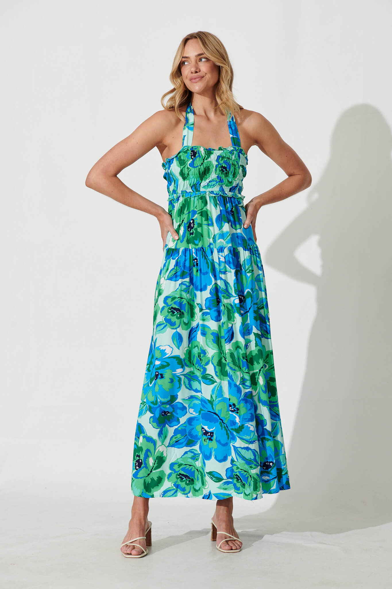 Luisa Maxi Sundress In Blue With Green Floral – St Frock