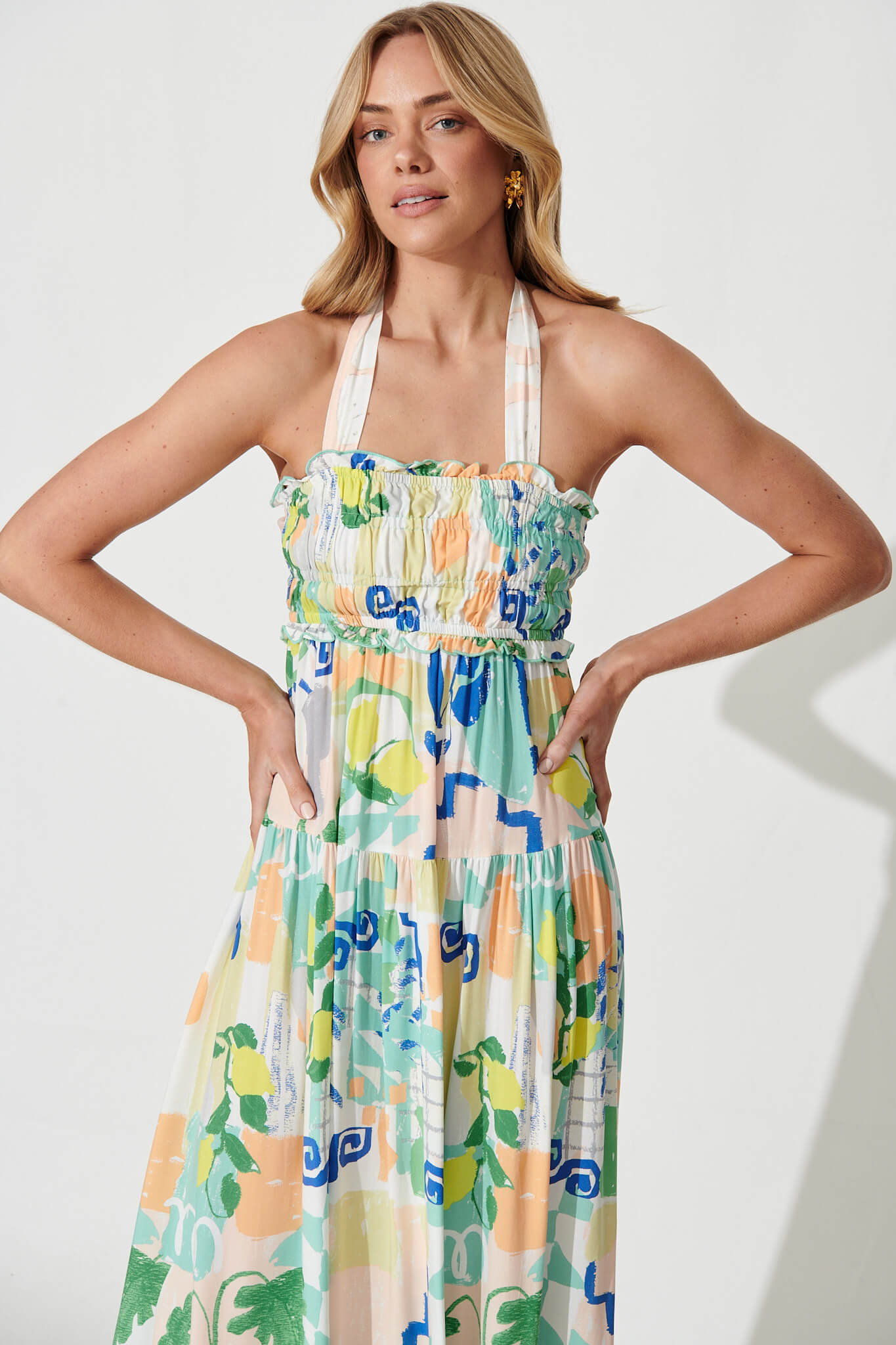 Felice Maxi Dress In Bright Leaf Patchwork Print – St Frock