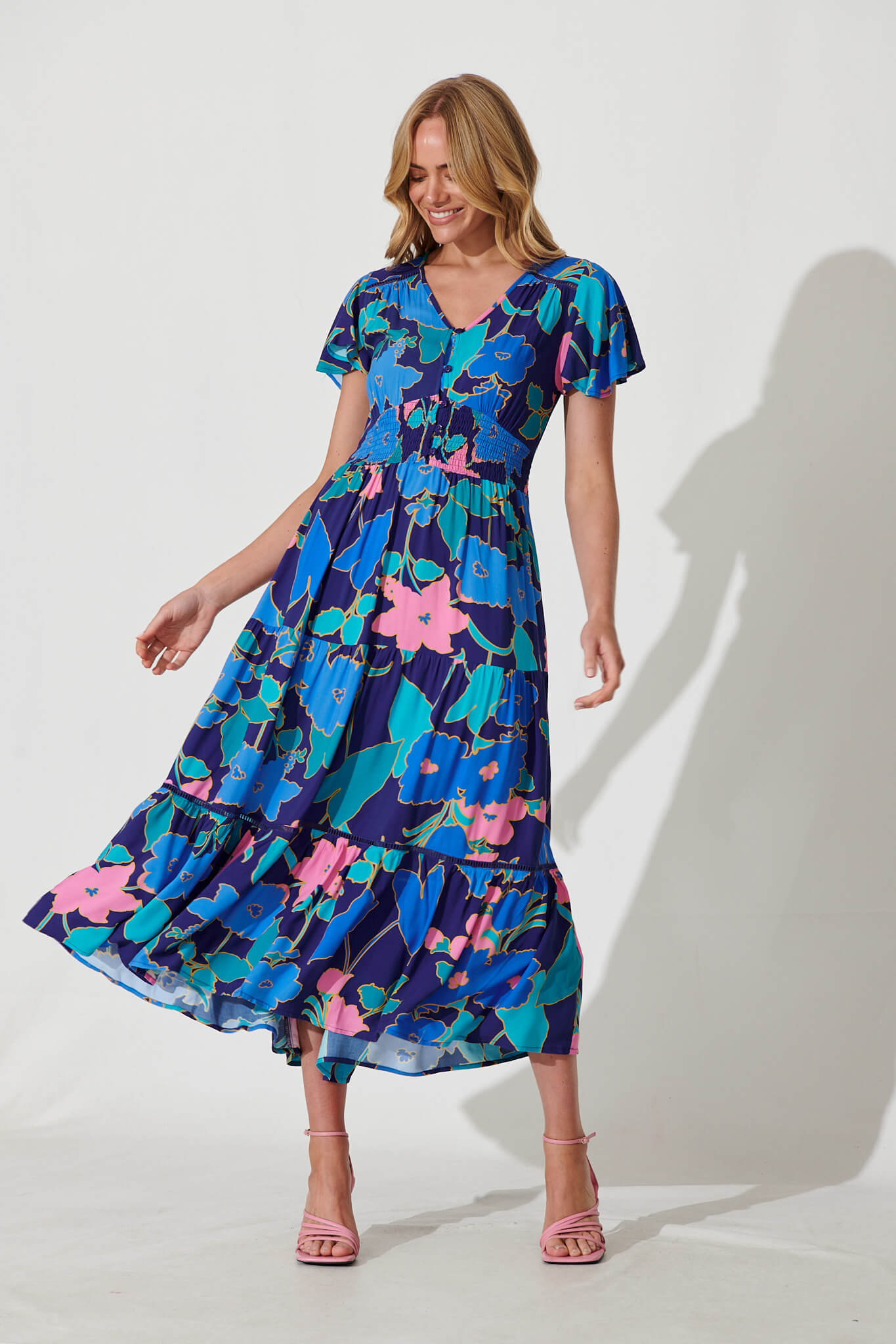 Sheila Maxi Dress In Blue Flower Print - full length