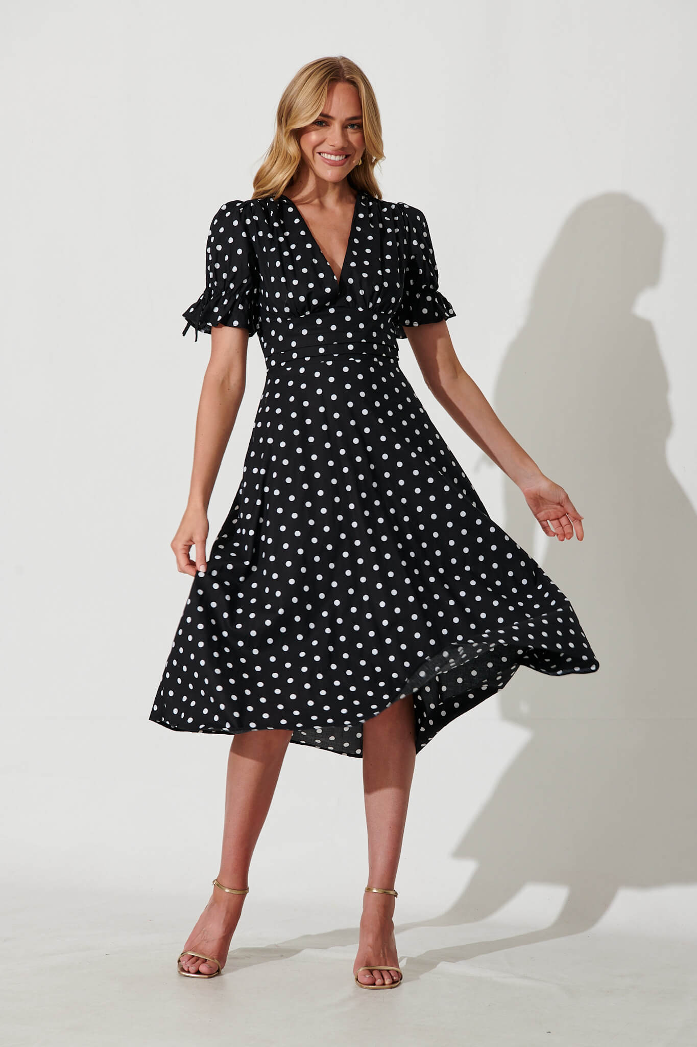 Sunrays Midi Dress In Black With White Spot Cotton - full length