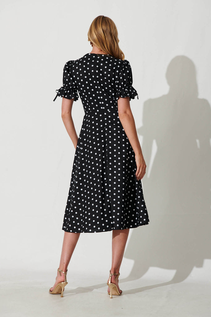 Sunrays Midi Dress In Black With White Spot Cotton - back