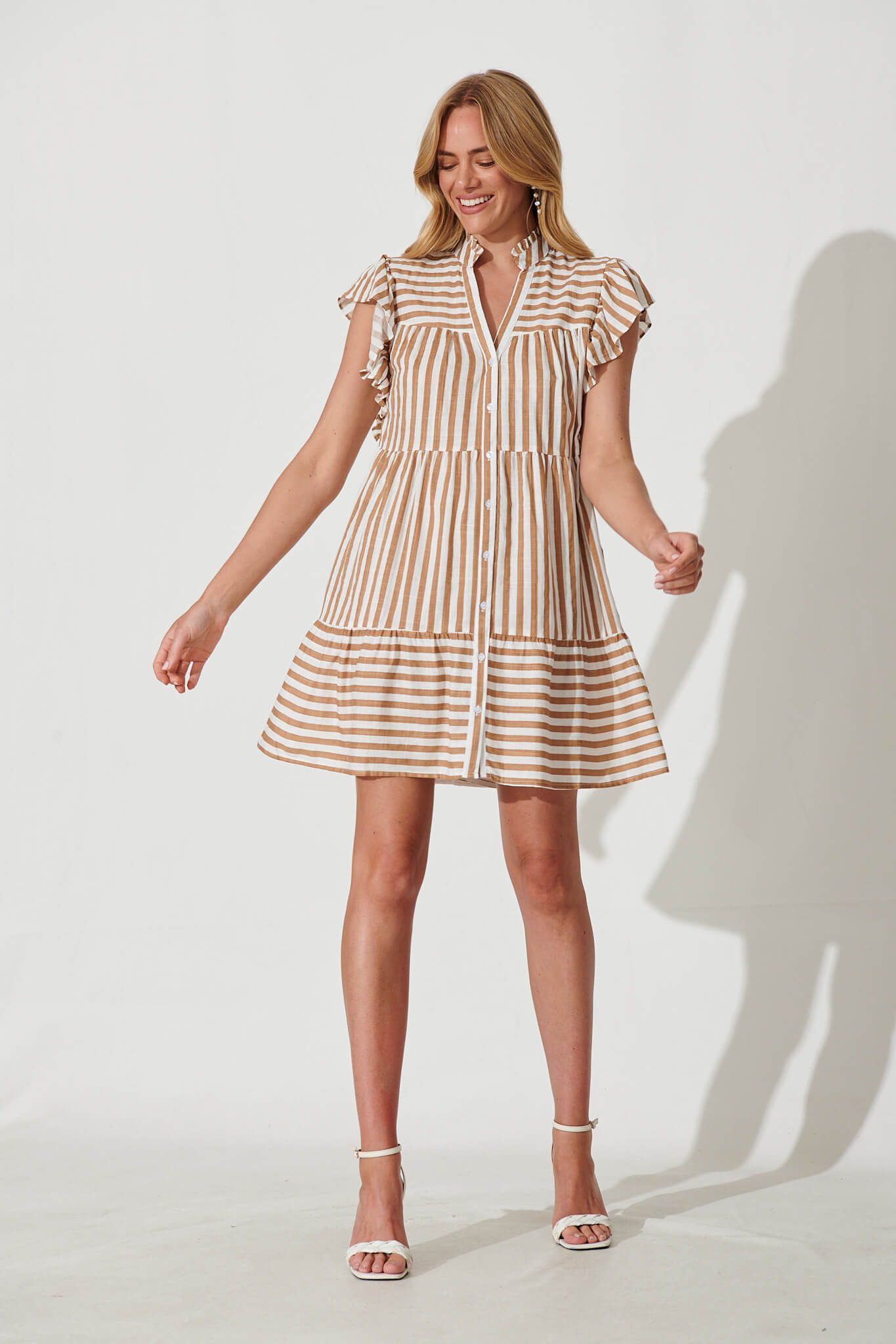 Julius Smock Dress In Tan With White Stripe Cotton Linen Blend - full length