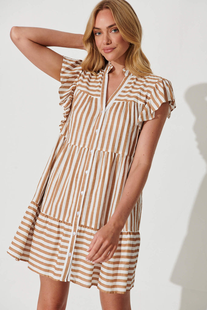 Julius Smock Dress In Tan With White Stripe Cotton Linen Blend - front