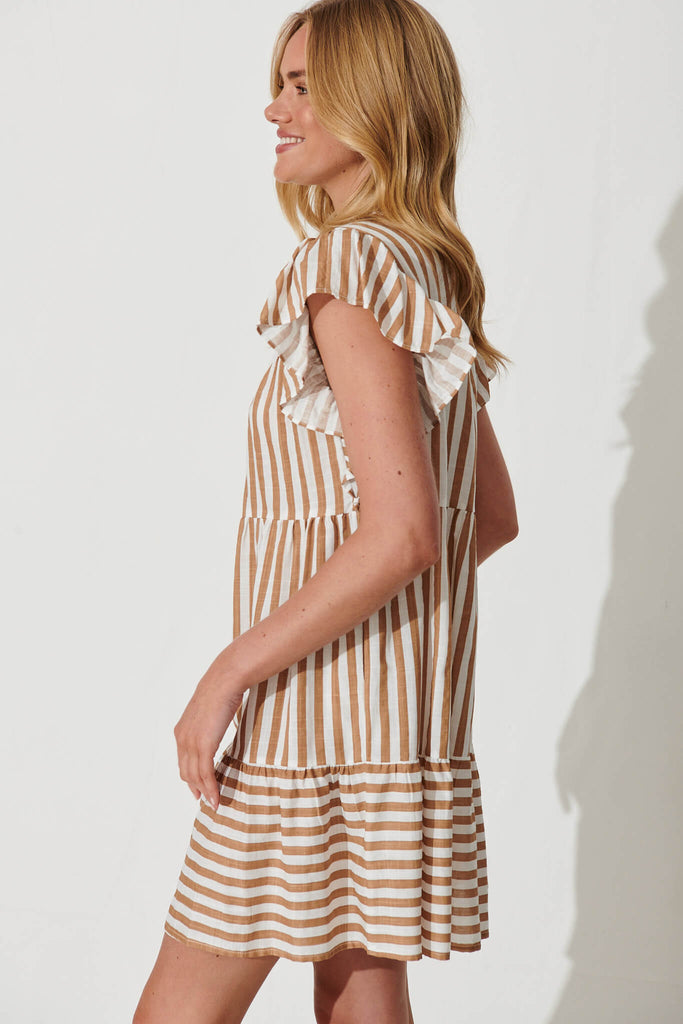 Julius Smock Dress In Tan With White Stripe Cotton Linen Blend - side