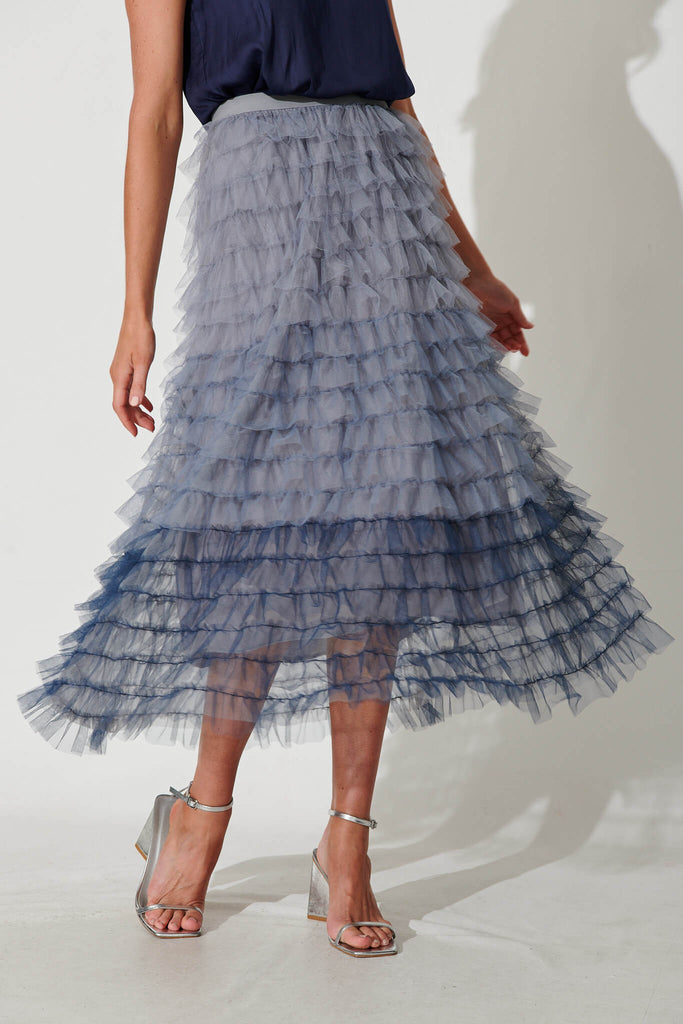 Storytime Midi Tulle Skirt In Grey And Blue Ombre - front