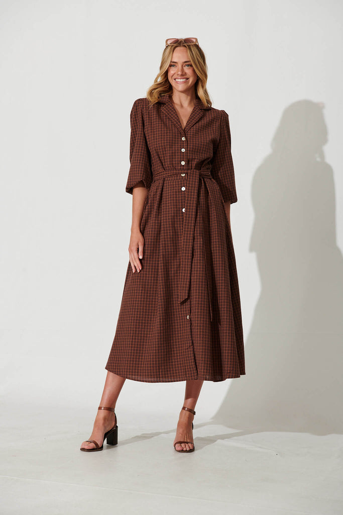 Laurel Maxi Shirt Dress In Brown Check Cotton - full length