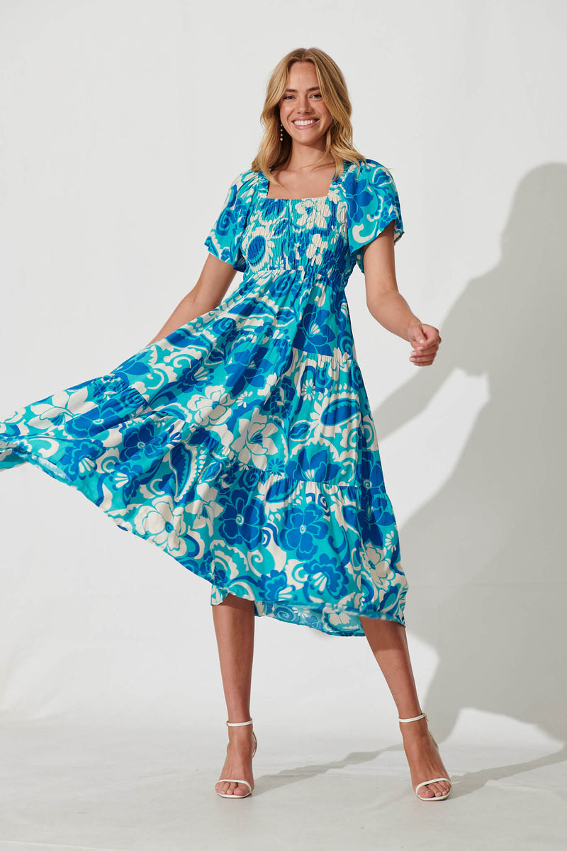 Jessica Dress In Blue Flower Print – St Frock