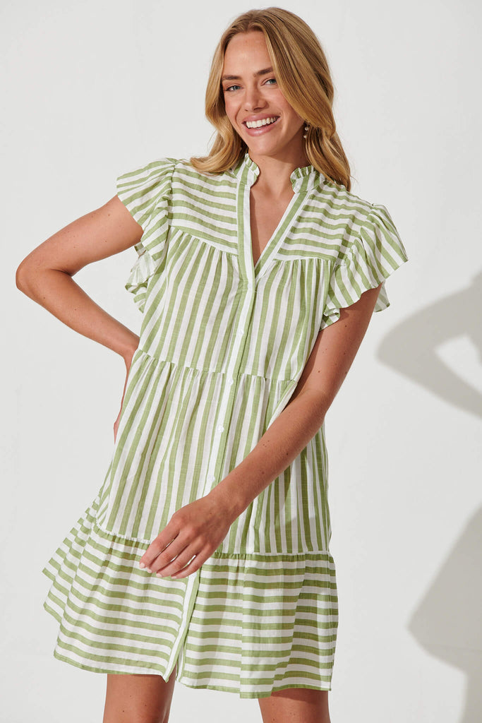 Julius Smock Dress In Green With White Stripe Cotton Linen Blend - front