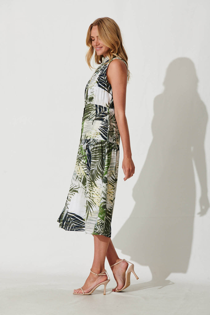 Pierre Midi Dress In Green With White Leaf Print - side