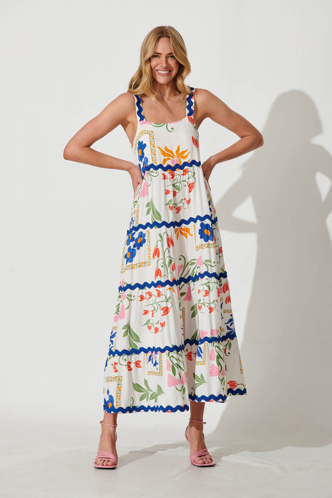 Chantal Maxi Dress In White Floral And Cobalt Ric Rac Trim - full length