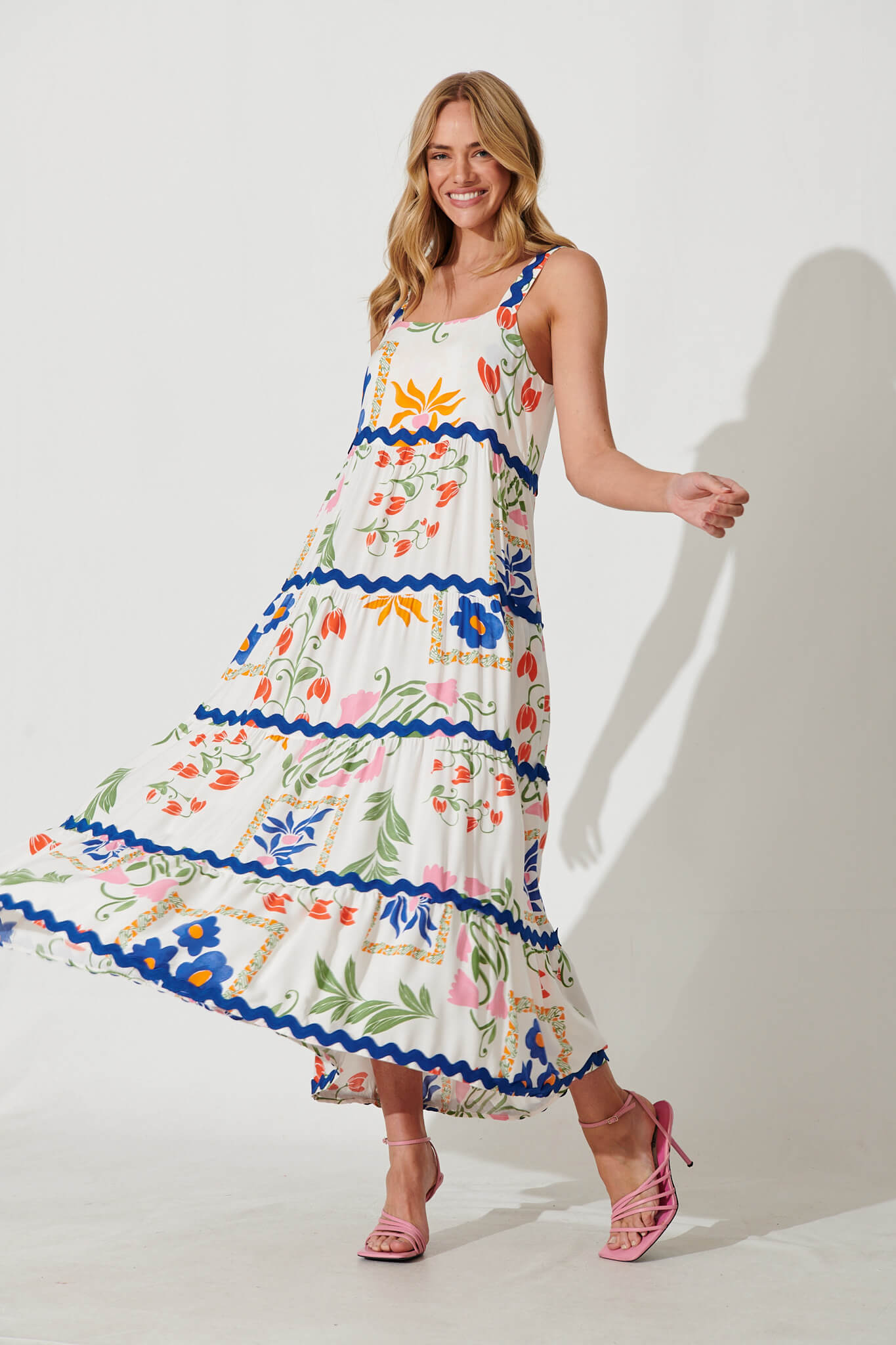 Chantal Maxi Dress In White Floral And Cobalt Ric Rac Trim - full length