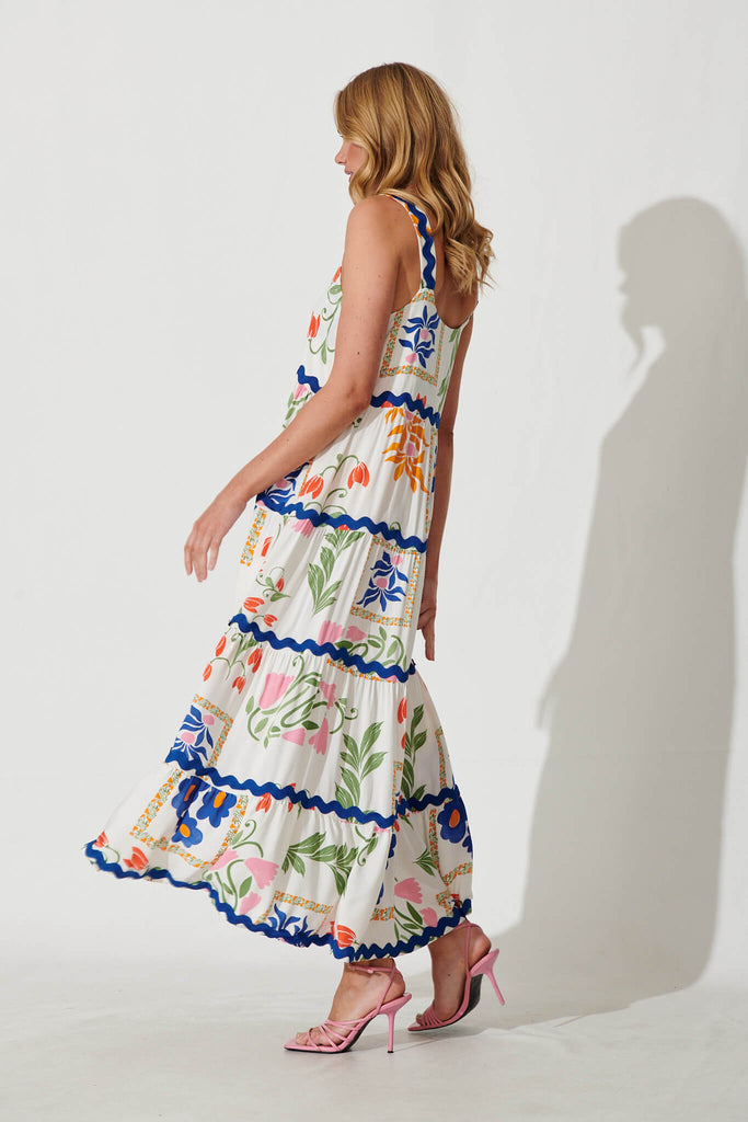 Chantal Maxi Dress In White Floral And Cobalt Ric Rac Trim - side