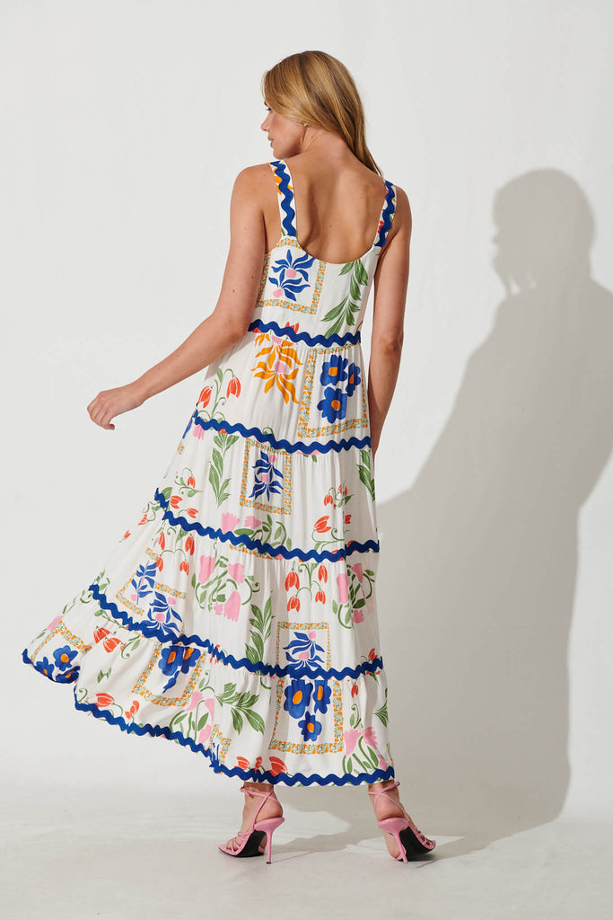 Chantal Maxi Dress In White Floral And Cobalt Ric Rac Trim - back