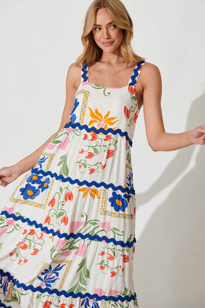 Chantal Maxi Dress In White Floral And Cobalt Ric Rac Trim - front