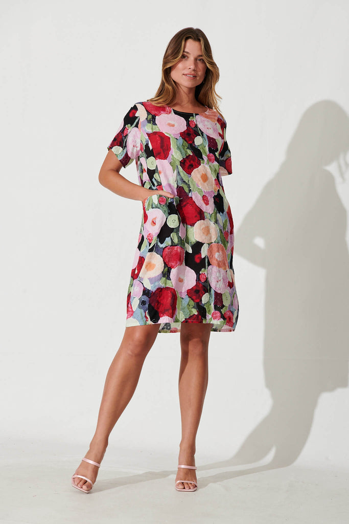 Nectar Smock Dress In Red Multi Floral Cotton Blend - full length