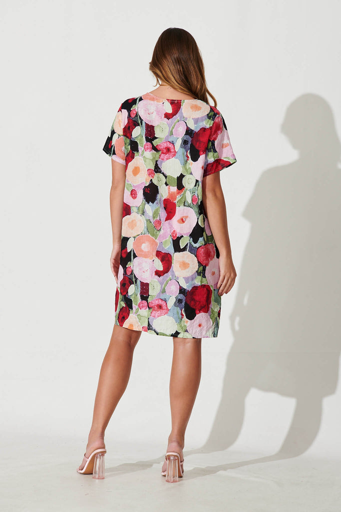 Nectar Smock Dress In Red Multi Floral Cotton Blend - back