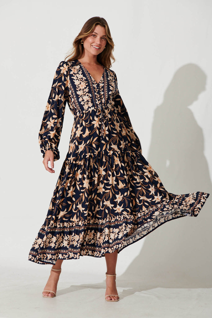 Financier Maxi Dress In Navy With Blush Boho Floral - full length