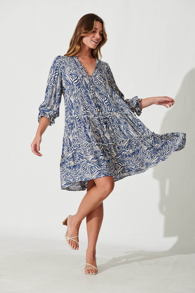 Genesis Smock Dress In Blue And Cream Print - full length