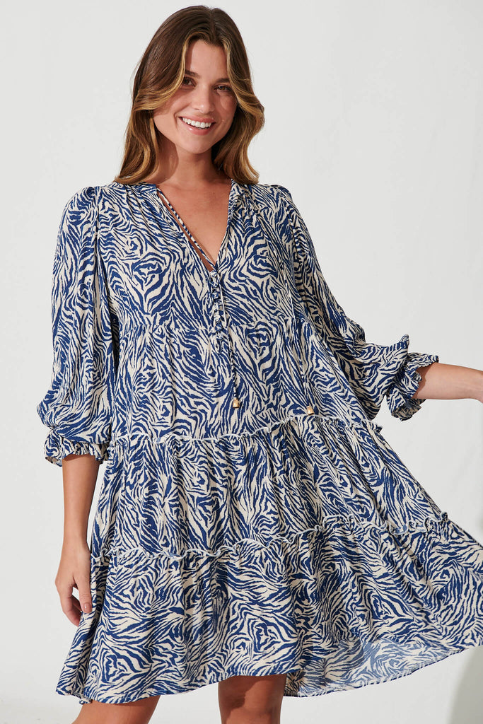 Genesis Smock Dress In Blue And Cream Print - front