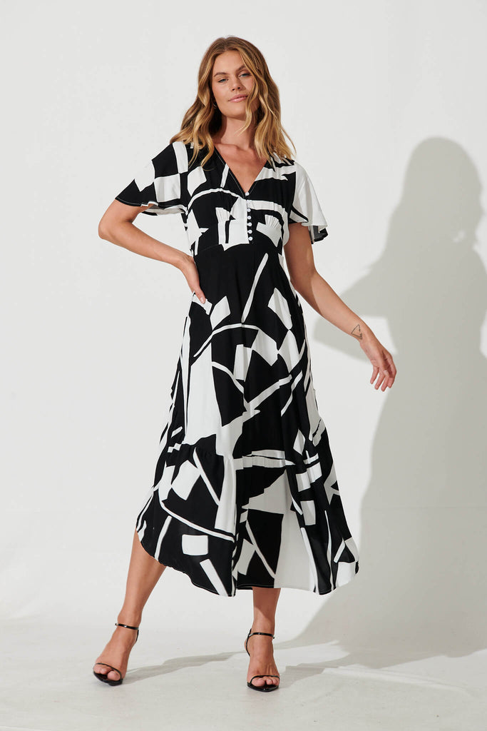 Brightside Maxi Dress In Black With White Geometric Print