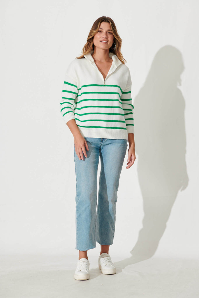 Uno Zip Knit In Wihite With Green Stripe Wool Blend - full length