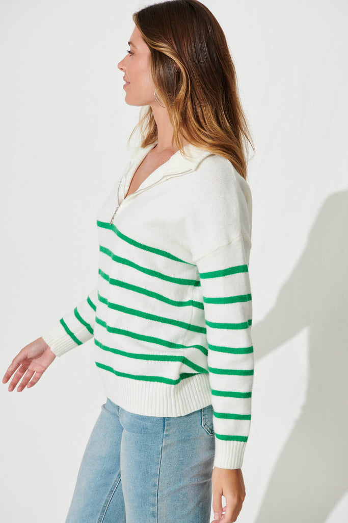 Uno Zip Knit In Wihite With Green Stripe Wool Blend - side