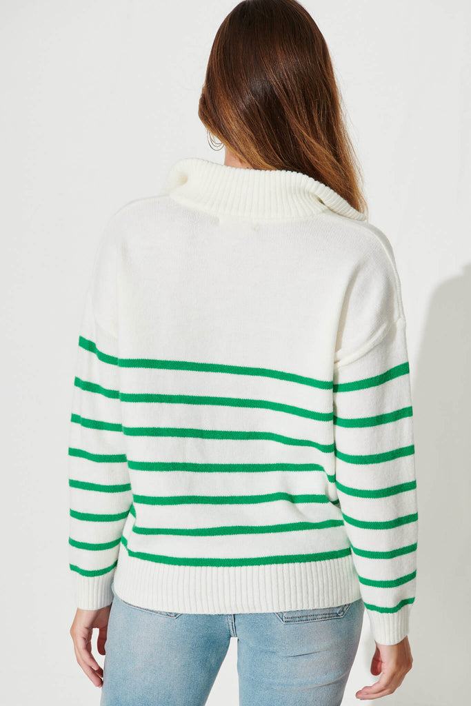 Uno Zip Knit In Wihite With Green Stripe Wool Blend - back