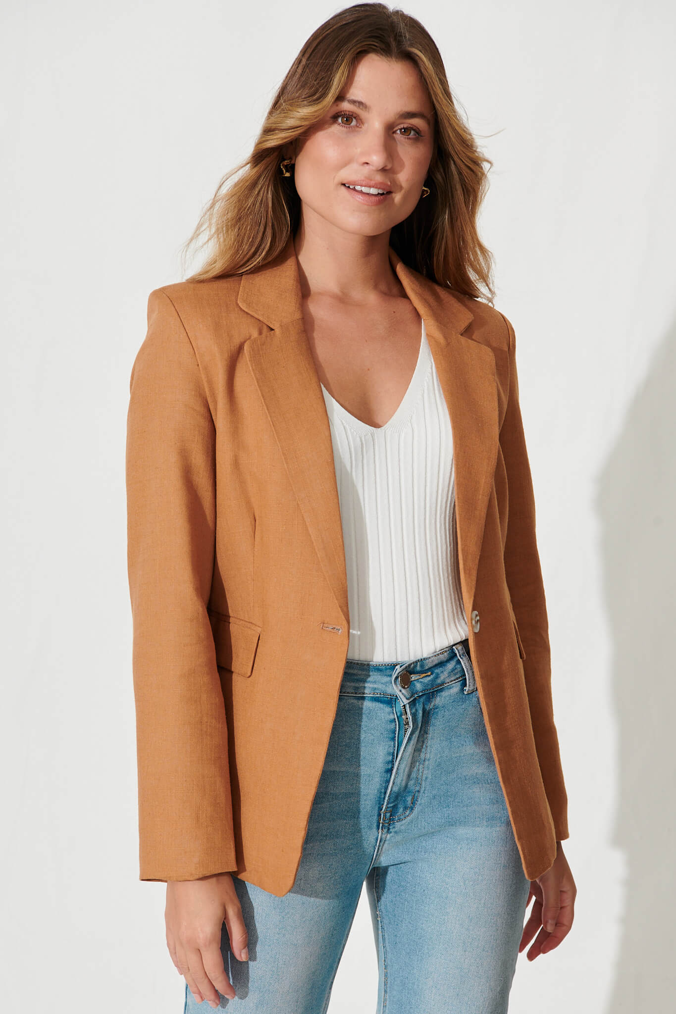 Deborah Blazer In Tan Linen Blend - front