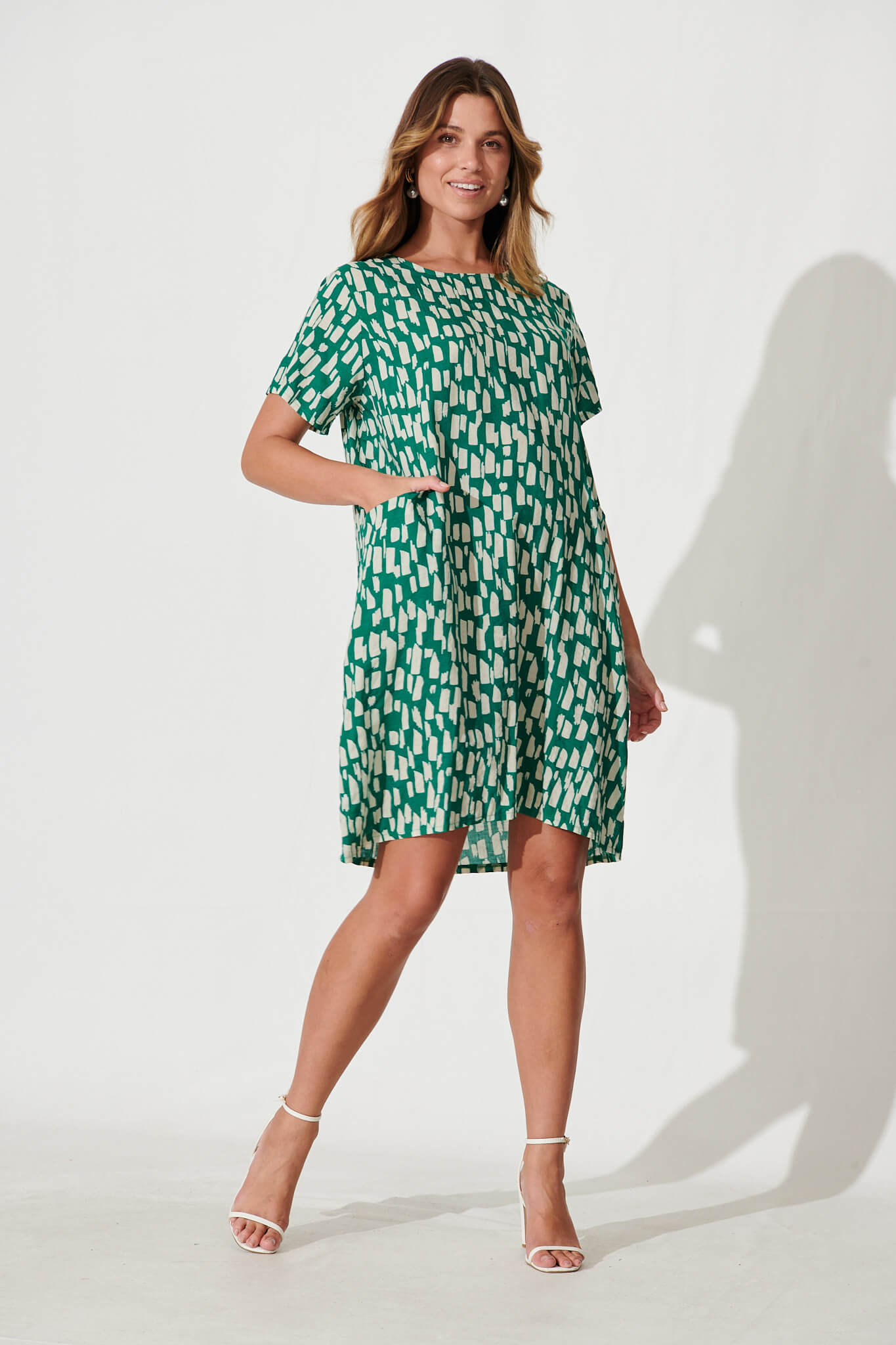 Nectar Smock Dress In Green And White Cotton Blend - full length