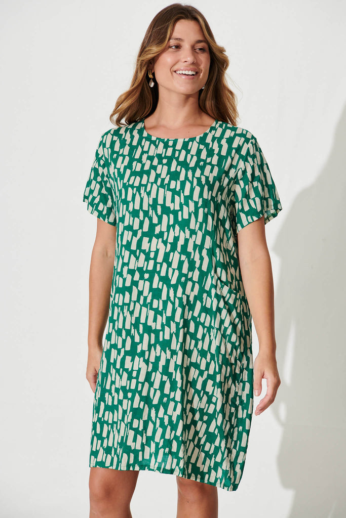 Nectar Smock Dress In Green And White Cotton Blend - front