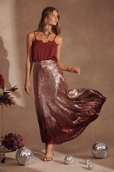 Burgundy sequin maxi hot sale skirt