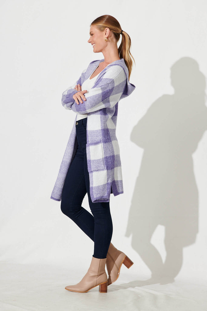 Dina Hood Knit Cardigan In Purple Check Wool Blend - side