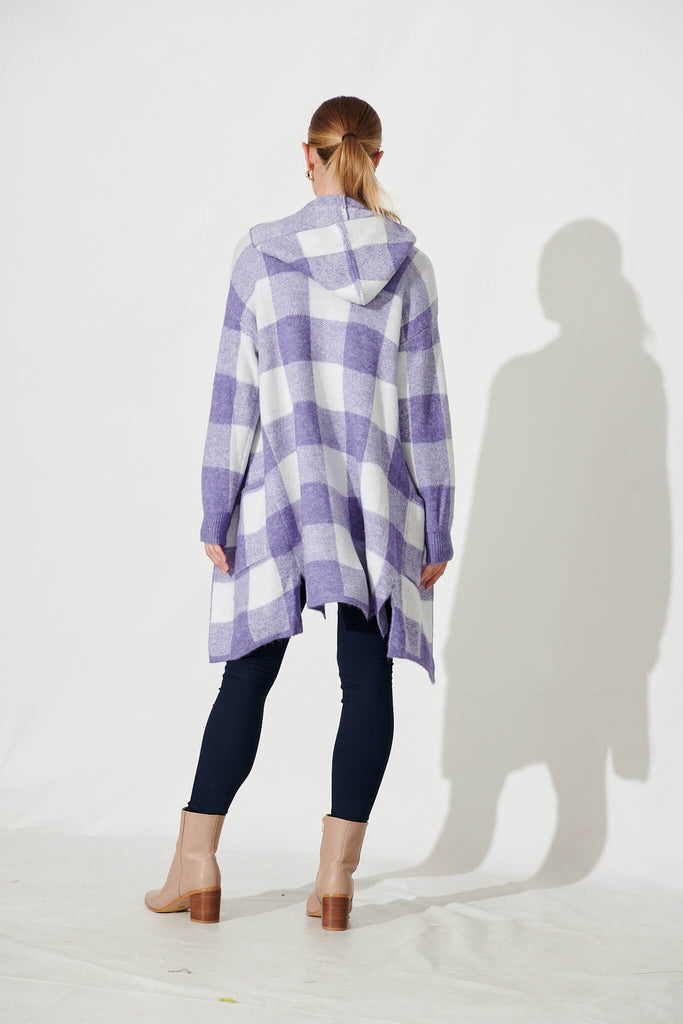 Dina Hood Knit Cardigan In Purple Check Wool Blend - back