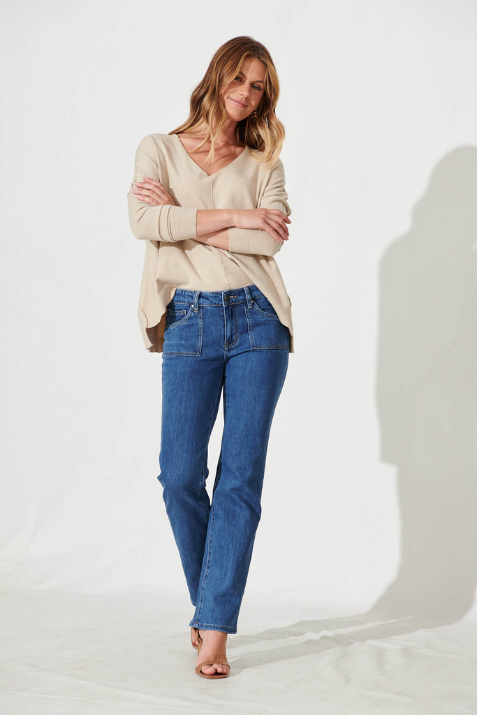 Grande Mid Rise Straight Leg Jean In Mid Blue Denim - full length