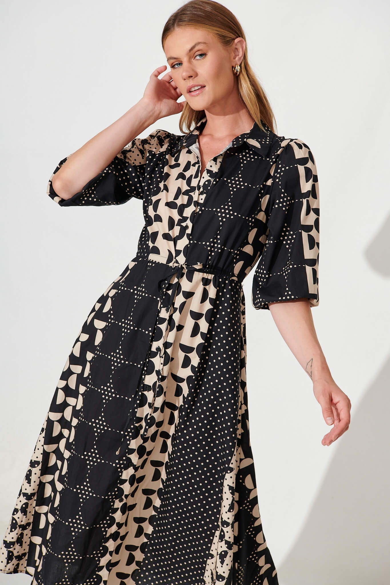 Twain Midi Shirt Dress In Black With Beige Geometric Spot Cotton – St Frock