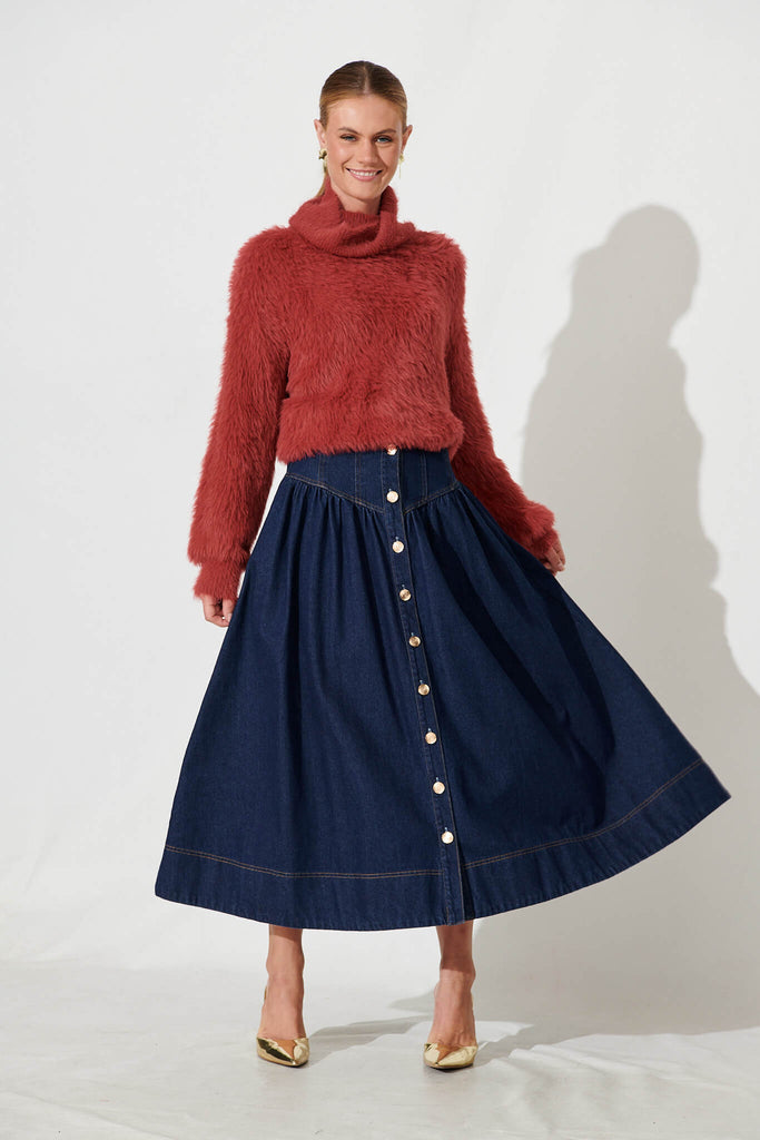 Aline Fluffy Knit In Deep Red Wool Blend - full length