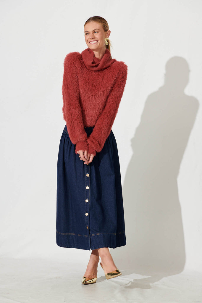 Aline Fluffy Knit In Deep Red Wool Blend - full length