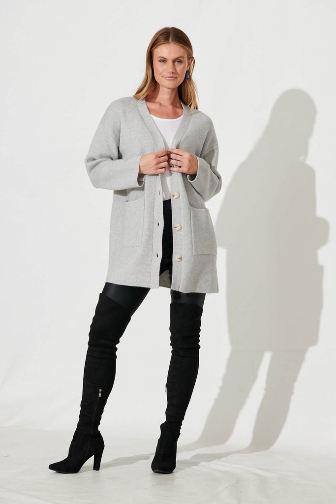 Alpine Knit Cardigan In Grey Wool Blend - full length