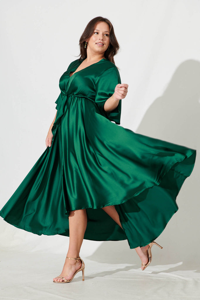 Helsinki Maxi Dress In Emerald Green Satin - side
