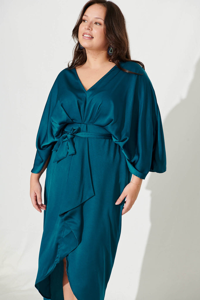 Joyful Dress In Teal Satin - front