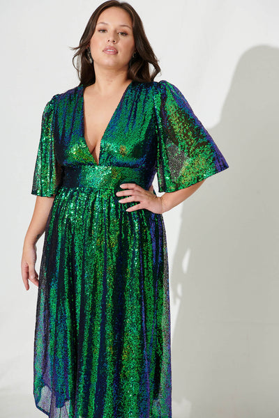 Black & green net Stardust Sequin Dress