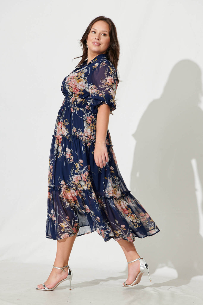 Brittney Midi Dress In Navy And Pink Floral Chiffon – St Frock