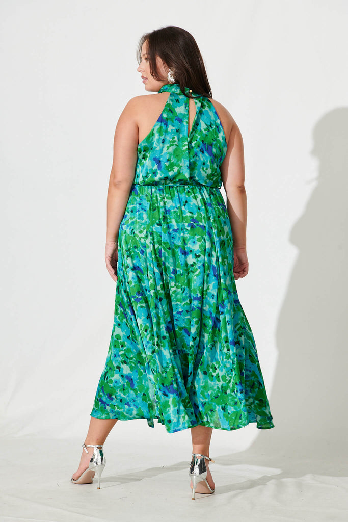 Kiss Me Halter Neck Maxi Dress In Green Watercolour Print - back