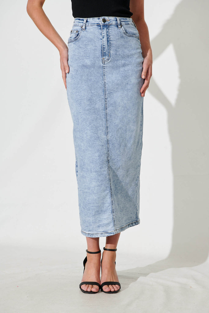 Mia Maxi Stretch Denim Skirt In Light Blue Wash - front