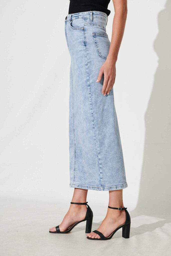 Mia Maxi Stretch Denim Skirt In Light Blue Wash - side