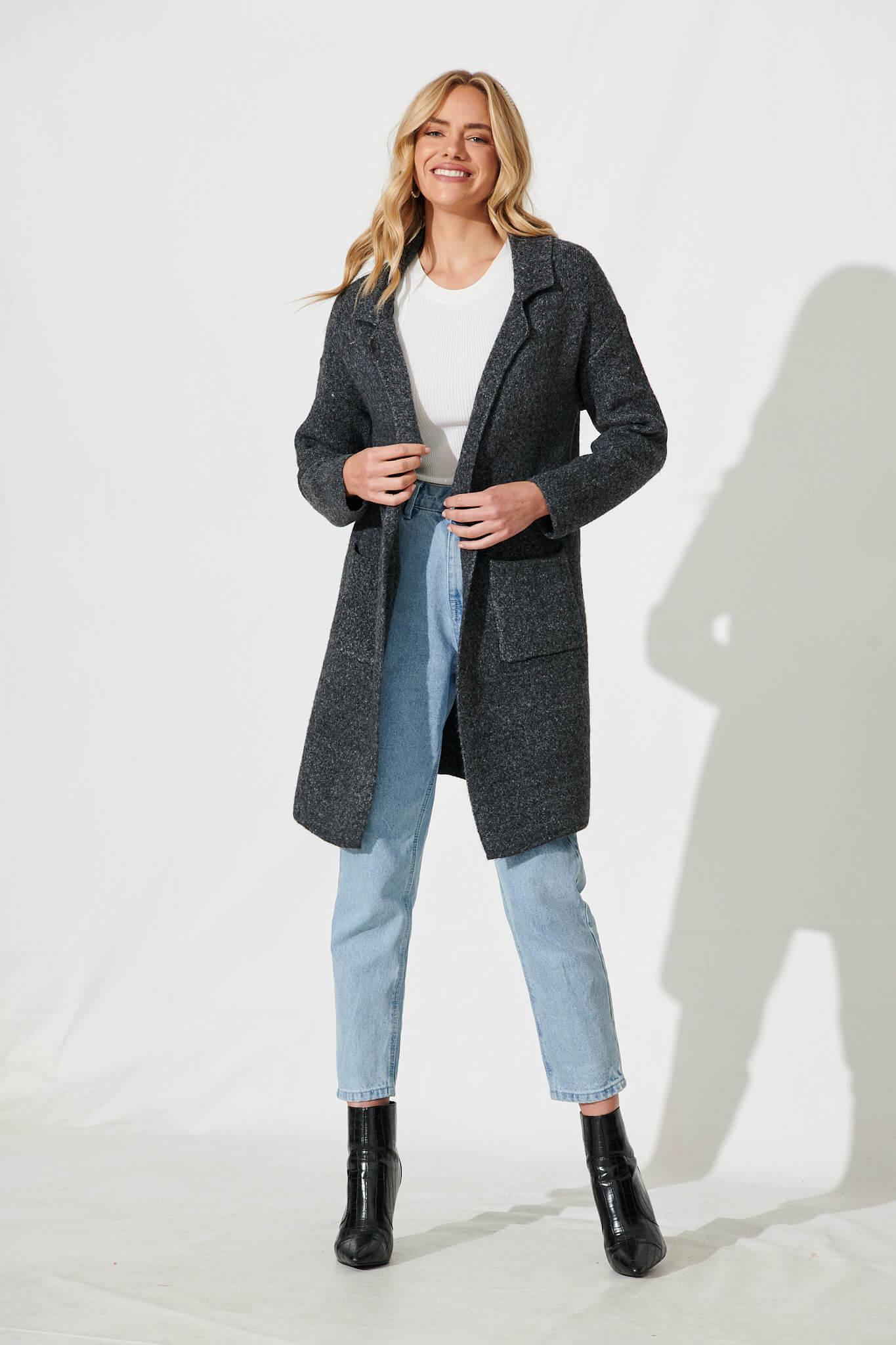 Quinzy Knit Coat In Charcoal Marle Wool Blend - full length