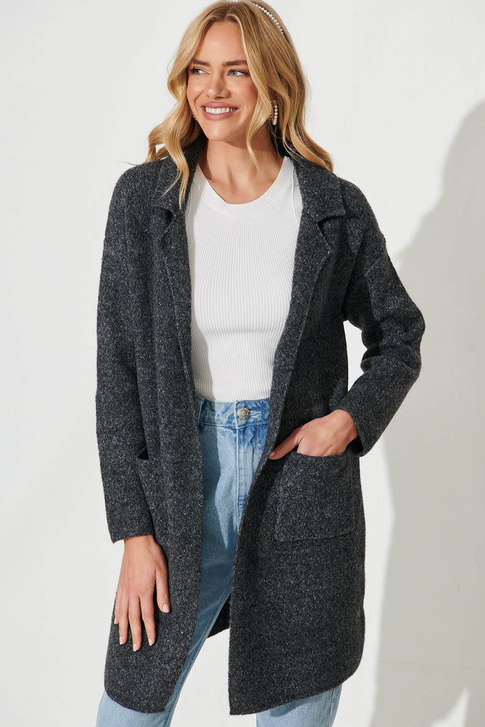 Quinzy Knit Coat In Charcoal Marle Wool Blend - front